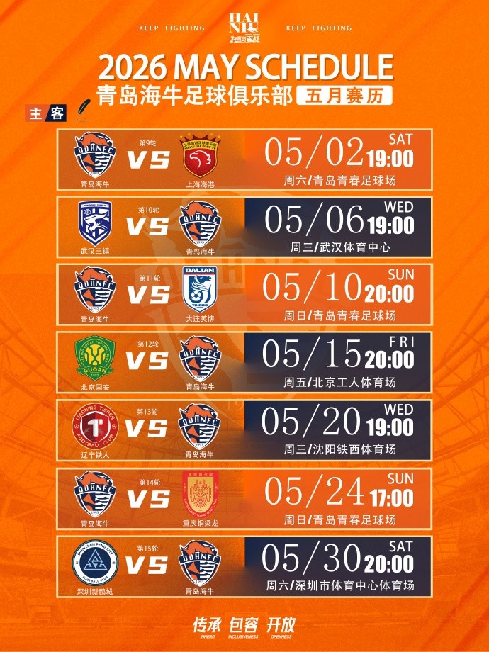 青岛海牛五月七战：三主四客魔鬼赛程考验耐力与轮换深度