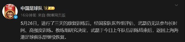 武磊返回海港继续恢复 大概率无缘国足18强赛前两场